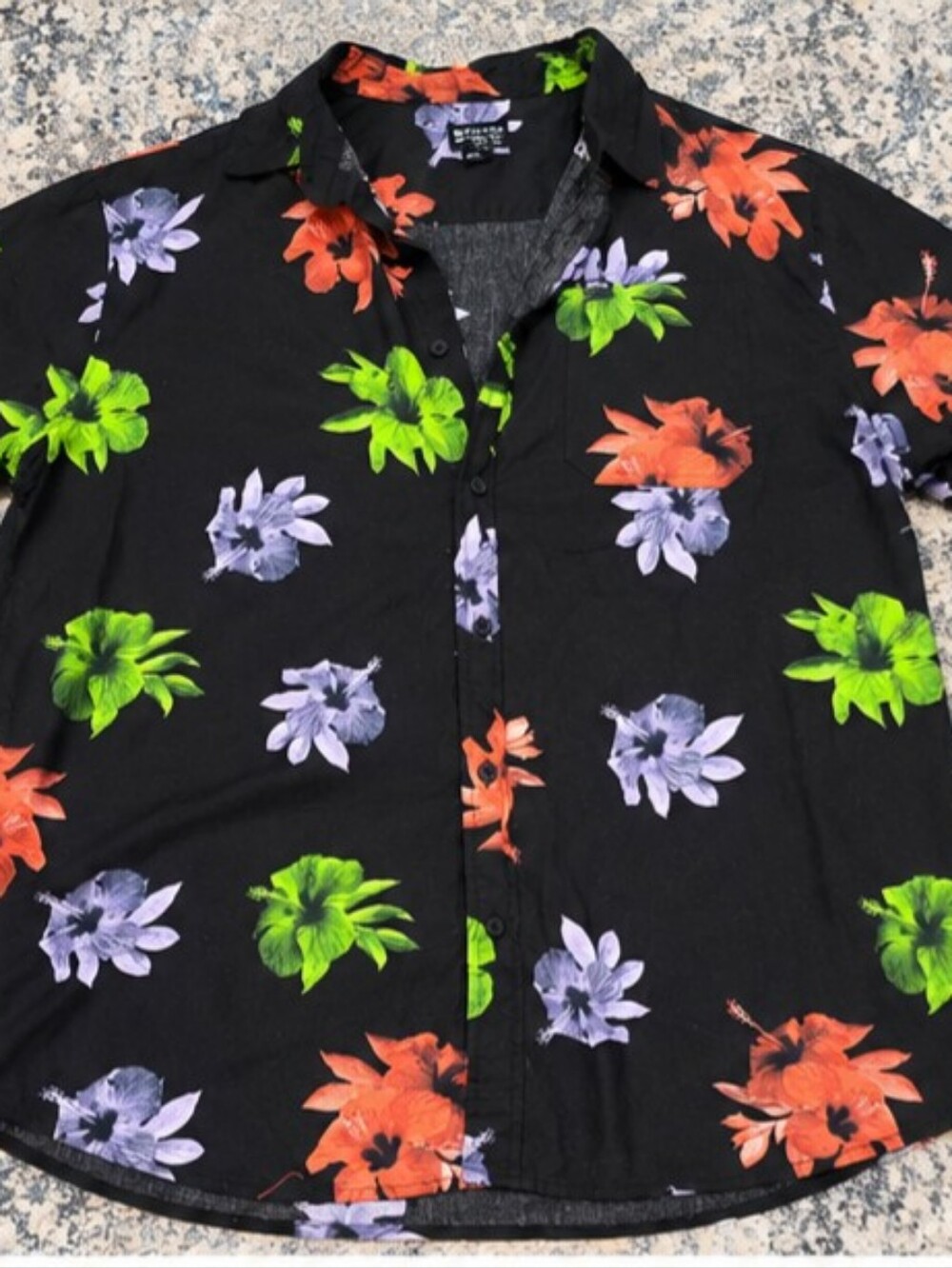 Men's Black Floral Button-Up Shirt with Green & Coral Blooms